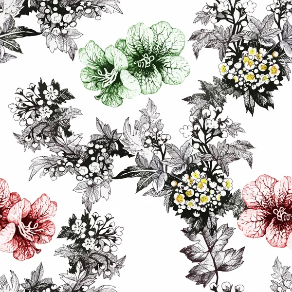 Prachtige aquarel zomertuin bloeiende bloemen naadloze patroon — Stockvector