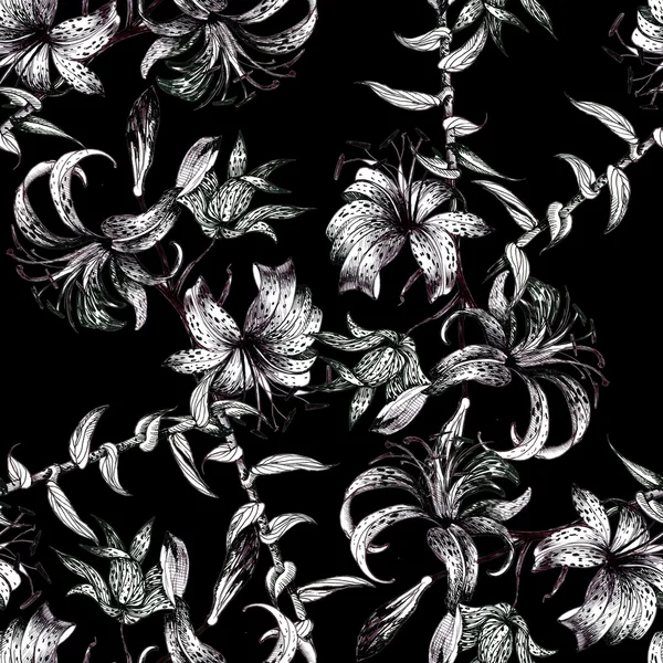 Lindos lírios flores sem costura padrão — Fotografia de Stock