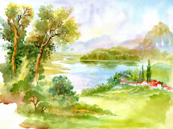 Akvarell folyó természeti táj — Stock Fotó