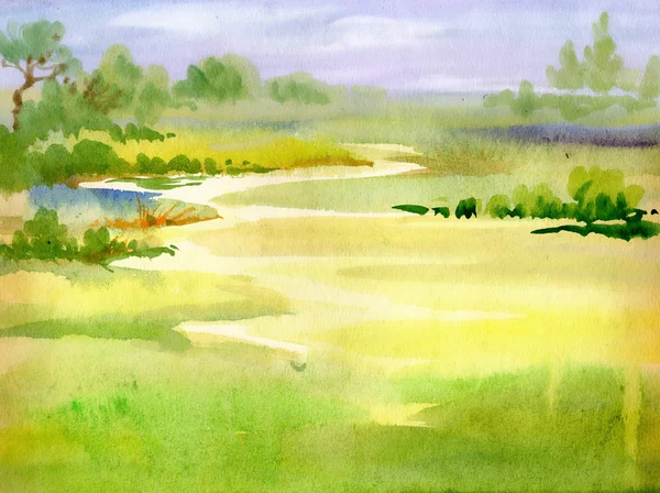 Watercolor river nature landscape — Stock Photo, Image