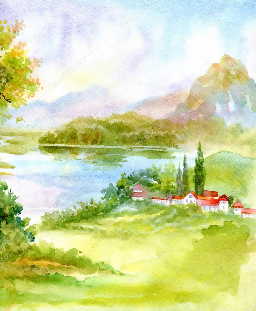 Watercolor river nature landscape