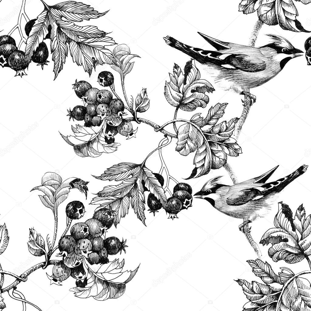 Birds on twig seamless pattern