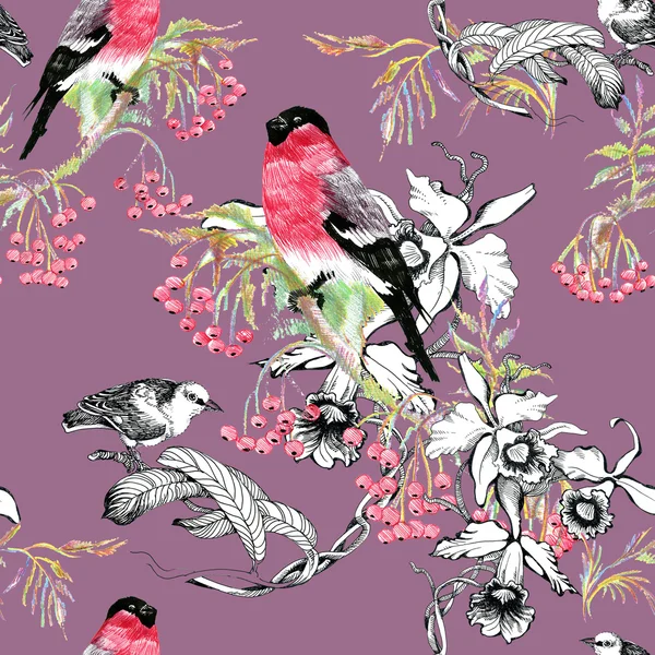 Birds on branch seamless pattern — Stock Photo, Image