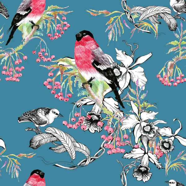 Vogels op tak naadloze patroon — Stockfoto