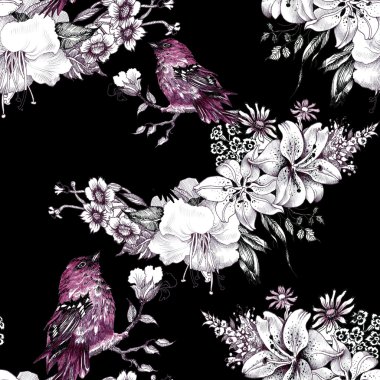 Çiçekli dal üzerinde renkli kuşlar