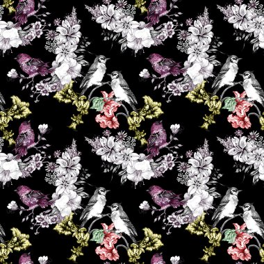 Çiçekli dal üzerinde renkli kuşlar