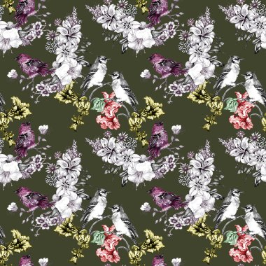 Çiçekli dal üzerinde renkli kuşlar