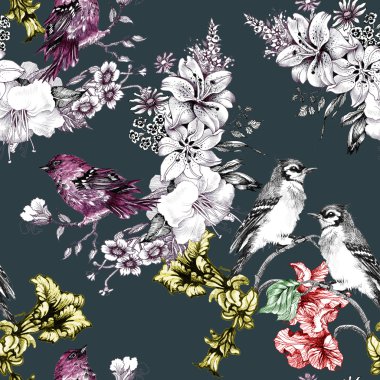 Çiçekli dal üzerinde renkli kuşlar