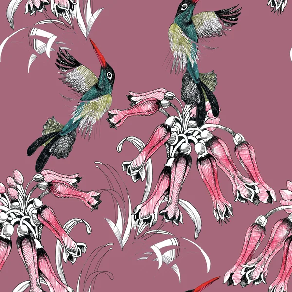 Pássaros no ramo com flores — Fotografia de Stock