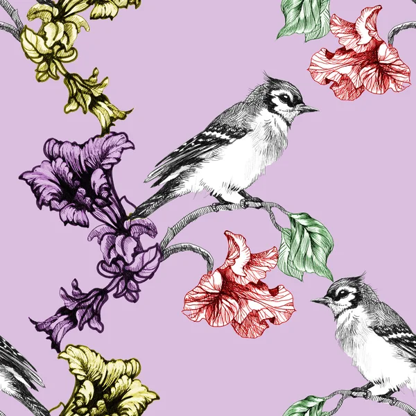 Birds on branch with flowers — Stock Photo, Image