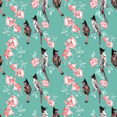 Çiçekli dal üzerinde renkli kuşlar