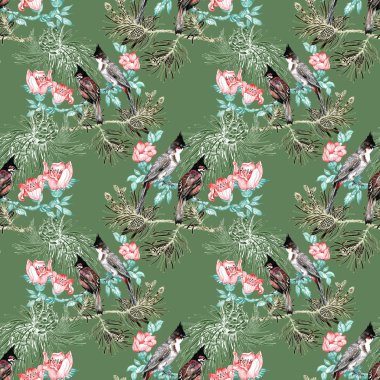 Çiçekli dal üzerinde renkli kuşlar