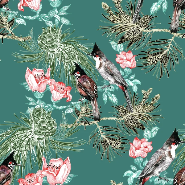 Bunte Vögel auf Zweigen mit Blumen — Stockfoto