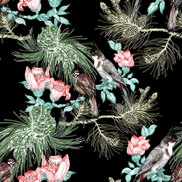 Colorful Birds on branch with flowers