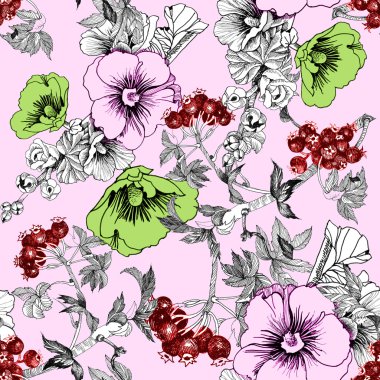 Petunyaların ve dalları ile desen