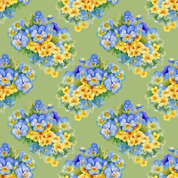 Pattern with pansy  and  forget-me-flowers — Stock Photo, Image
