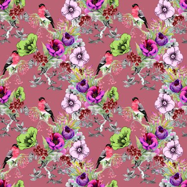 Egzotik kuşlar çiçekler dal seamless modeli