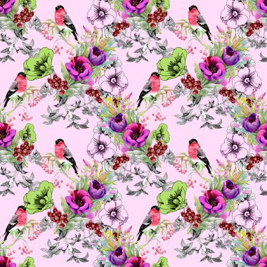 Egzotik kuşlar çiçekler dal seamless modeli