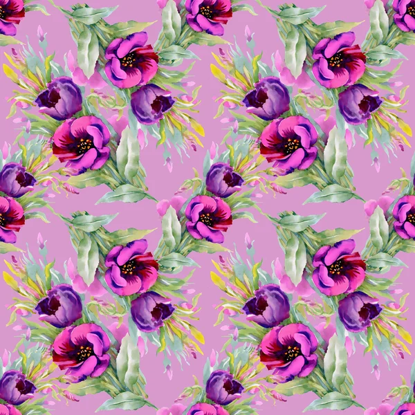 Aquarela roxo flores sem costura padrão — Fotografia de Stock