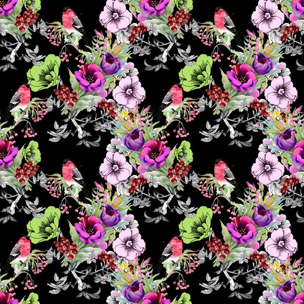 Exotic birds on flowers twig seamless pattern — Stock Photo, Image