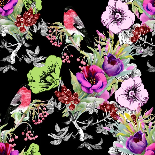 Exotic birds on flowers twig seamless pattern — Stock Photo, Image