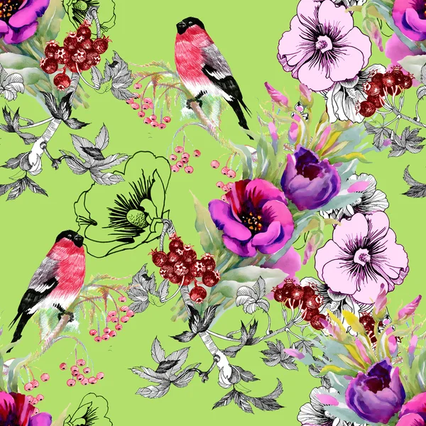 Exotic birds on flowers twig seamless pattern — Stock Photo, Image