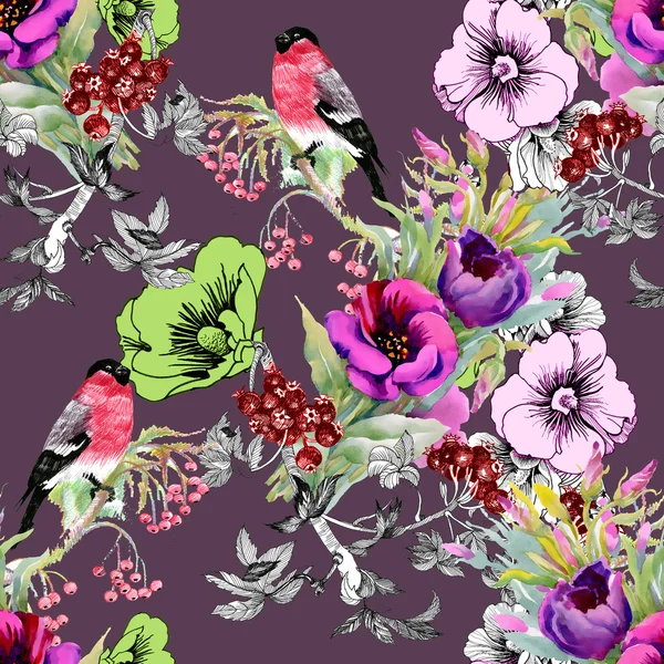 Exotic birds on flowers twig seamless pattern