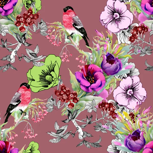 Exotic birds on flowers twig seamless pattern — Stock Photo, Image