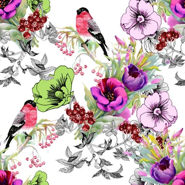 Exotic birds on flowers twig seamless pattern — Stock Photo, Image