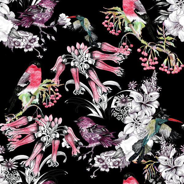 Птицы на ветке с цветами
