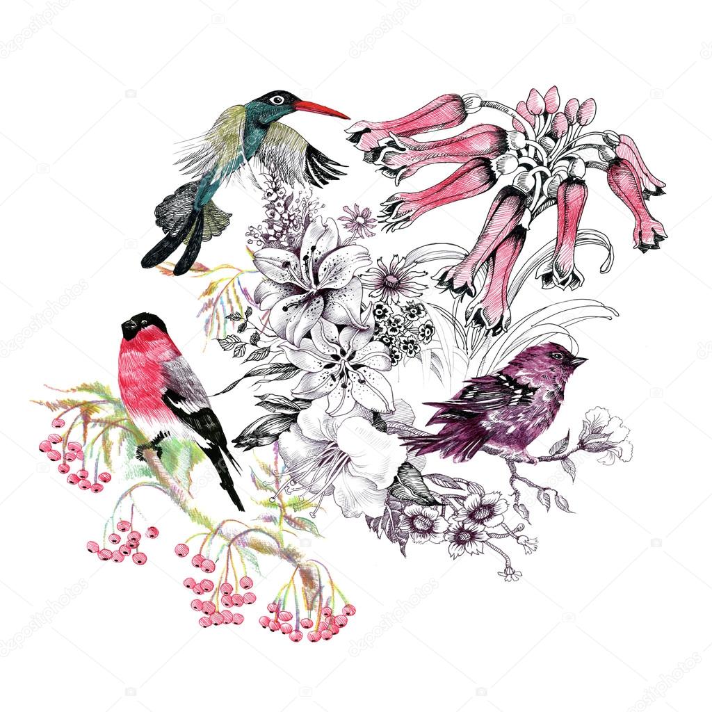 Birds on branch with flowers