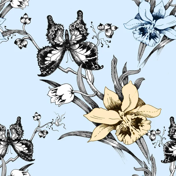 Padrão com borboletas e flores — Fotografia de Stock