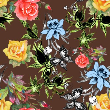 çiçekler ve kelebekler seamless modeli