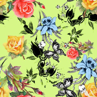 çiçekler ve kelebekler seamless modeli