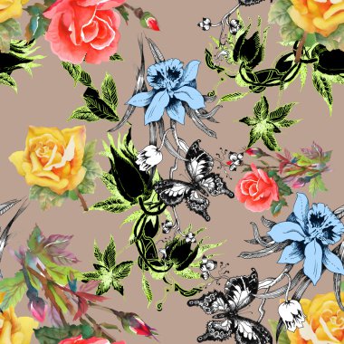 çiçekler ve kelebekler seamless modeli