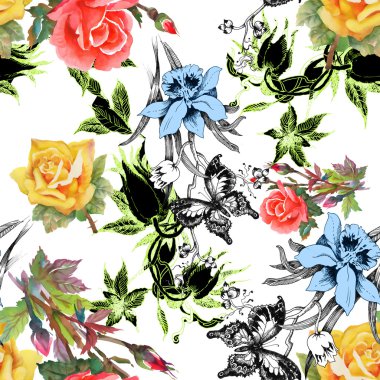 çiçekler ve kelebekler seamless modeli