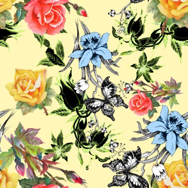 çiçekler ve kelebekler seamless modeli
