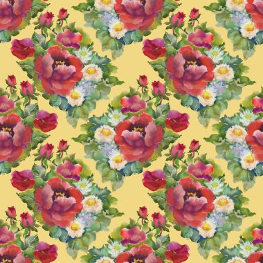 Suluboya kırmızı çiçekler seamless modeli