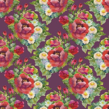 Suluboya kırmızı çiçekler seamless modeli