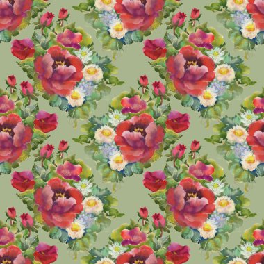 Suluboya kırmızı çiçekler seamless modeli