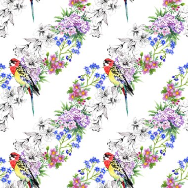 Renkli papağan ve çiçekler