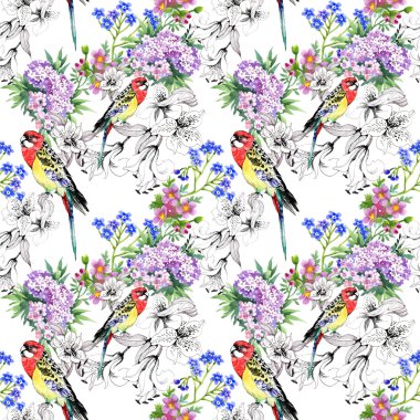 Renkli papağan ve çiçekler