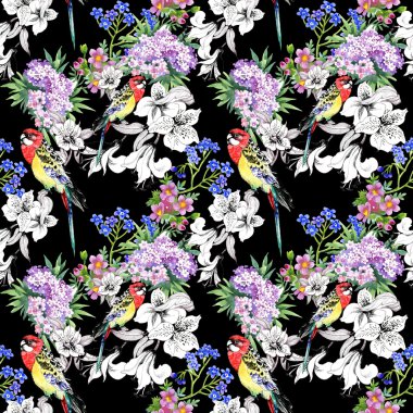 Renkli papağan ve çiçekler