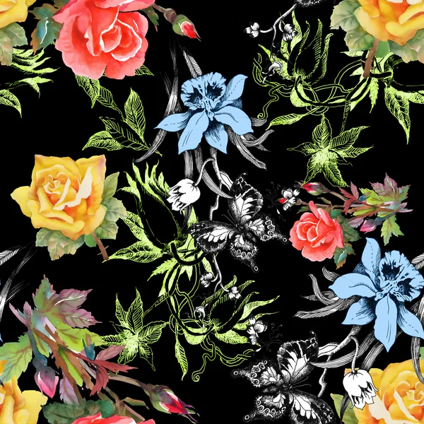Virágok és pillangók zökkenőmentes minta — Stock Fotó