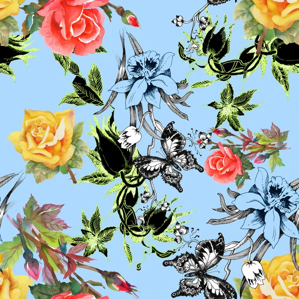 Blumen und Schmetterlinge nahtlose Muster — Stockfoto