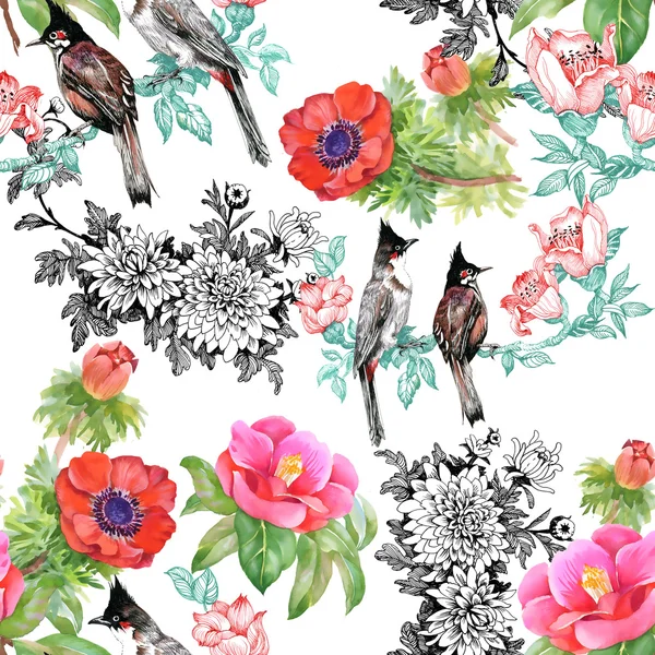 Ptáci na větvi s květinami — Stock fotografie