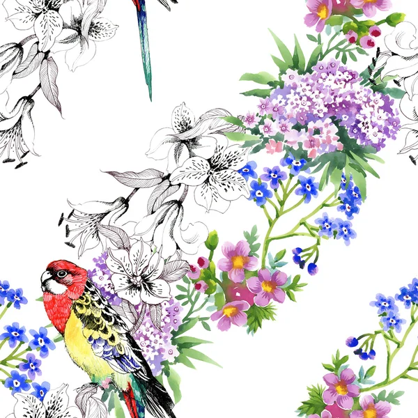 Papagaios coloridos e flores — Fotografia de Stock