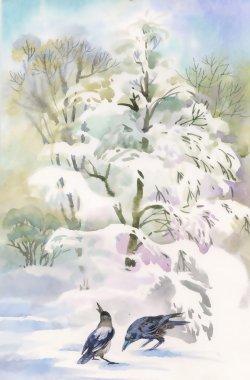 Suluboya kış orman ağaçları ile