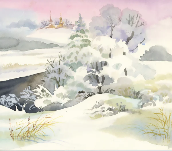 Watercolor winter landscape — Stock Photo, Image