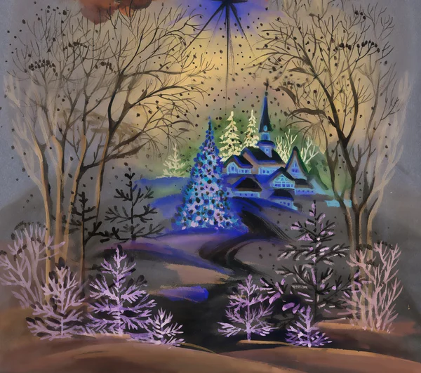 Akvarell vinter landskap — Stockfoto